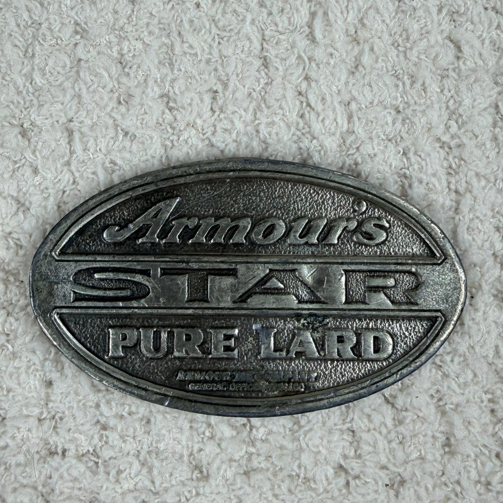 Vintage 1976 Bergamot Brass Works Armours Star Pure Lard Belt Buckle Pewter Tone